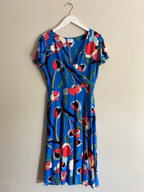 Sigrid Olsen Floral Faux Wrap Dress Size M Blue Red Tulip Print Jersey Midi